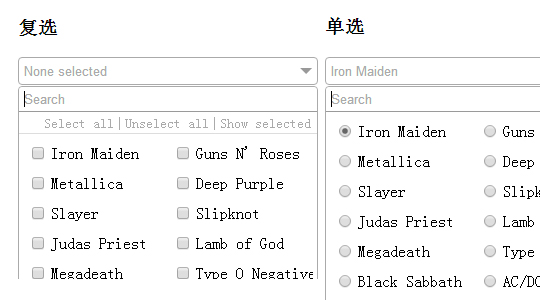 selectMe 下拉框里面复选框和单选框效果